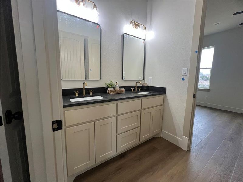 Bathroom with hardwood / wood-style flooring and vanity