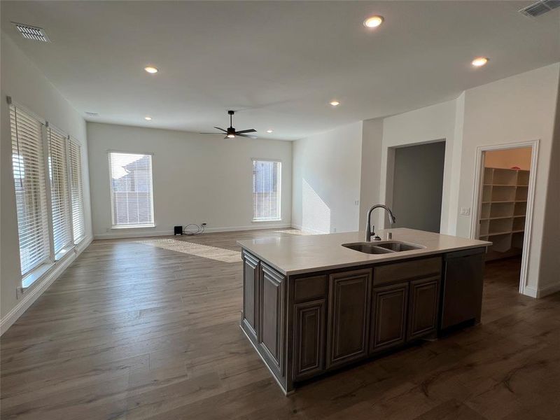 Kitchen featuring a center island with dual sink, dark wood-type flooring, stainless steel dishwasher, open floor plan, recessed lighting, over-sized walk-in pantry, and a ceiling fan Kitchen featuring a center island with dual sink, dark wood-type flooring, stainless steel dishwasher, open floor plan, recessed lighting, over-sized walk-in pantry, and a ceiling fan