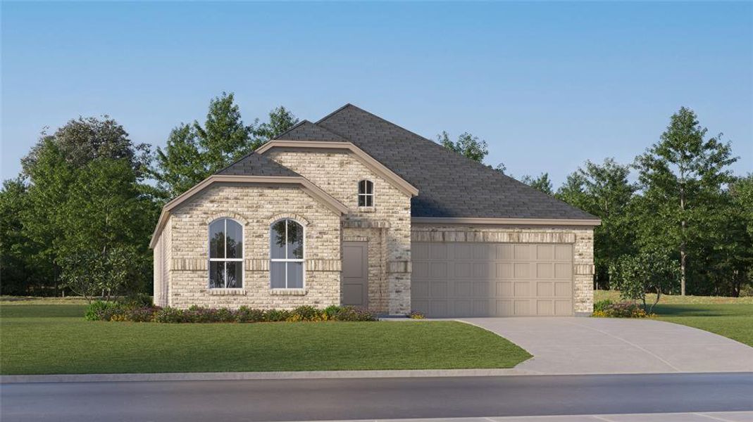 French provincial home featuring a garage and a front lawn