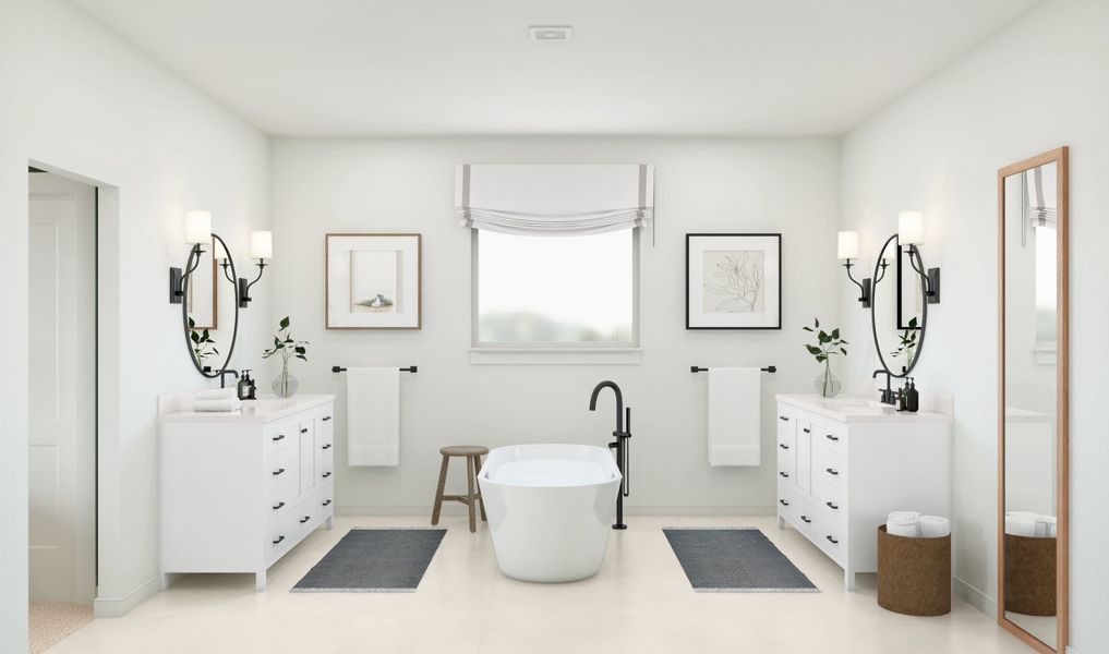 Primary bath with freestanding tub and dual vanities