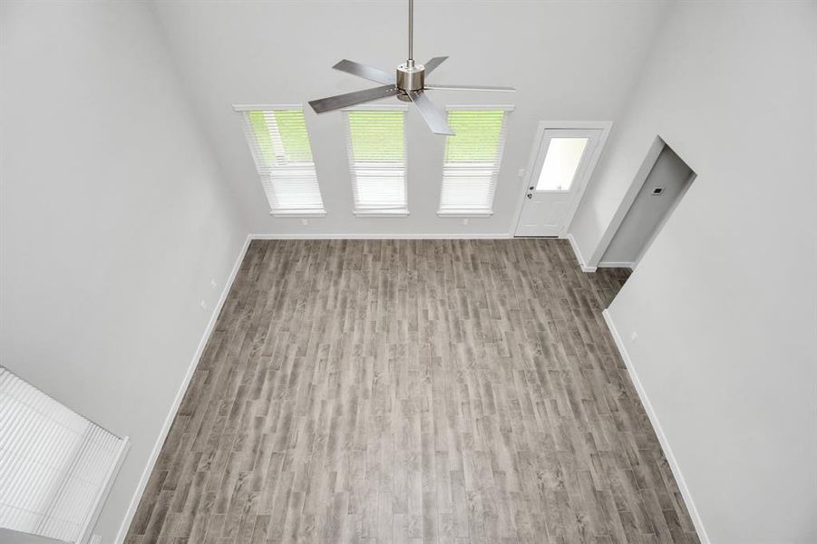 View of family room from landing above.