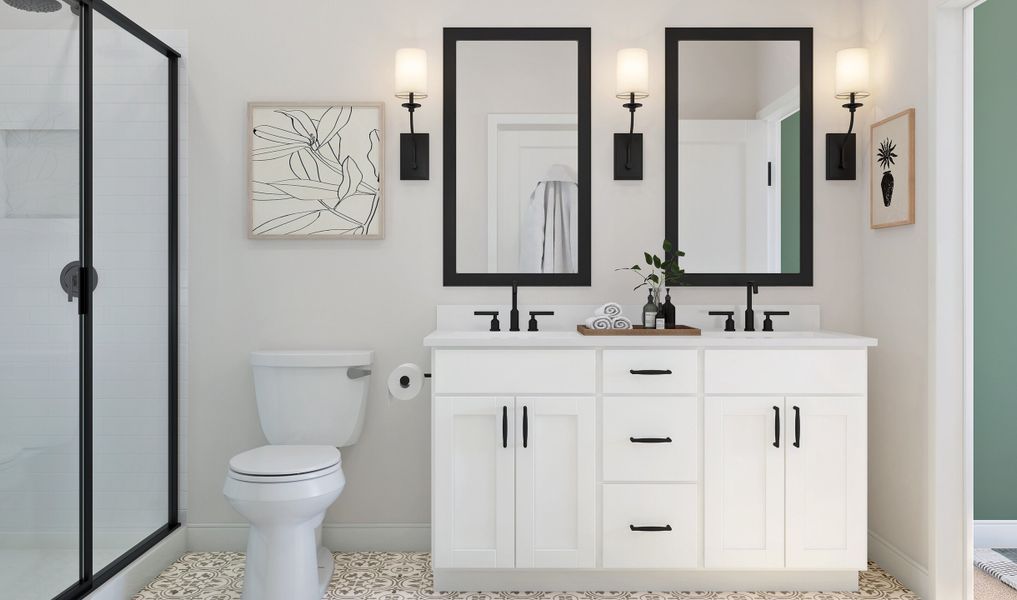 Primary bath with dual sinks and matte black fixtures throughout