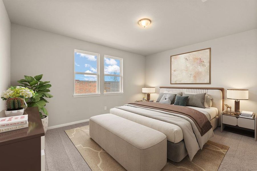 The primary bedroom is generously sized, creating a tranquil and spacious retreat that offers ample room for relaxation. Featuring plush carpet, high ceilings, fresh paint, and large windows that lets in natural lighting throughout the day.