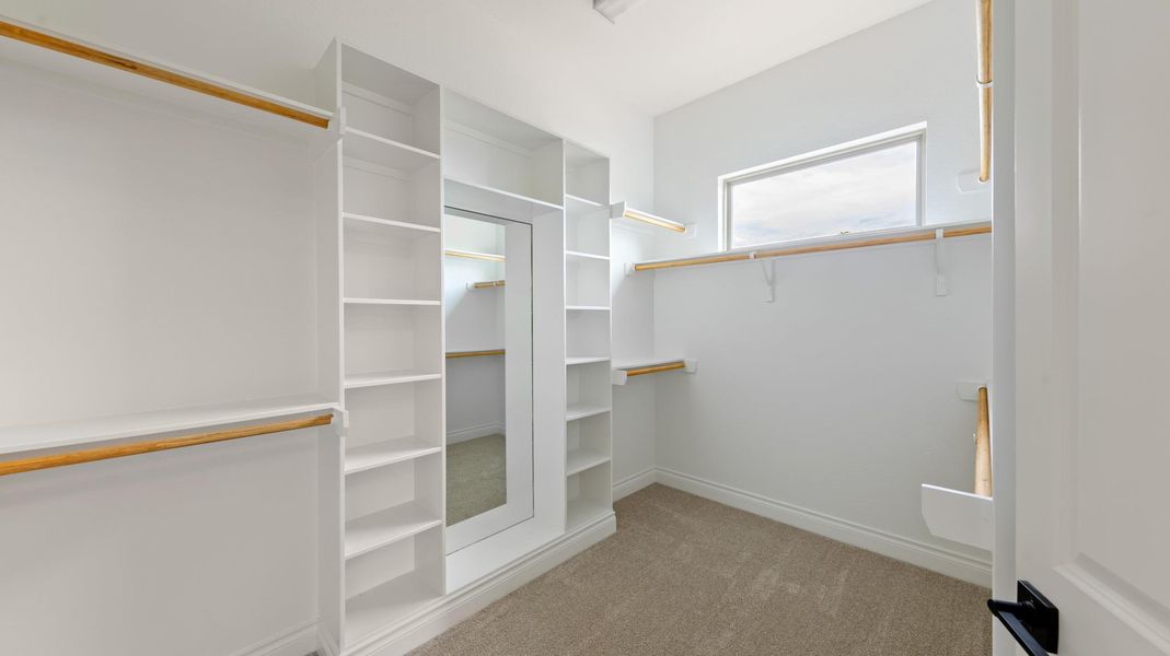 Walk in closet with light carpet
