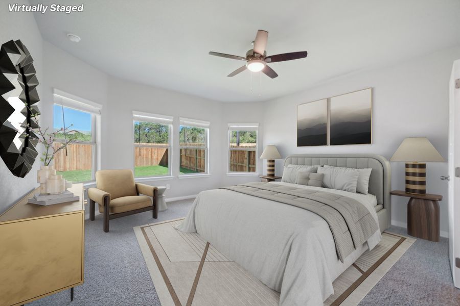 Virtually staged primary suite in the Matador floorplan in the Meritage Homes community.