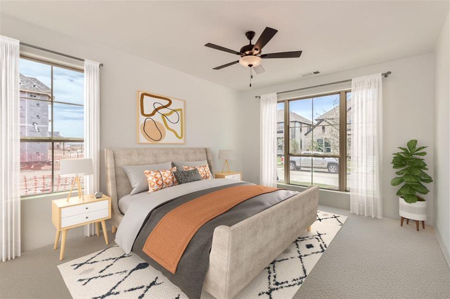 Virtually Staged Photo - Carpeted bedroom with ceiling fan