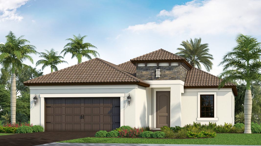 Front exterior of a new home in Boca Royale Golf and Country Club at Wellen Park, Englewood, FL, highlighting curb appeal (Image 1). Front exterior of a new home in Boca Royale Golf and Country Club at Wellen Park, Englewood, FL, highlighting curb appeal (Image 1).