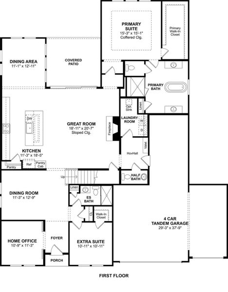 The Mykonos floor plan by K. Hovnanian® Homes. 1st Floor shown. *Prices, plans, dimensions, features, specifications, materials, and availability of homes or communities are subject to change without notice or obligation.