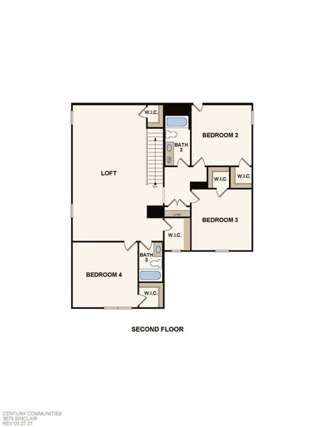 2D floor plan layout for the Sinclair by Century Communities in Trails at Woodhaven, La Marque, TX (Image 4).