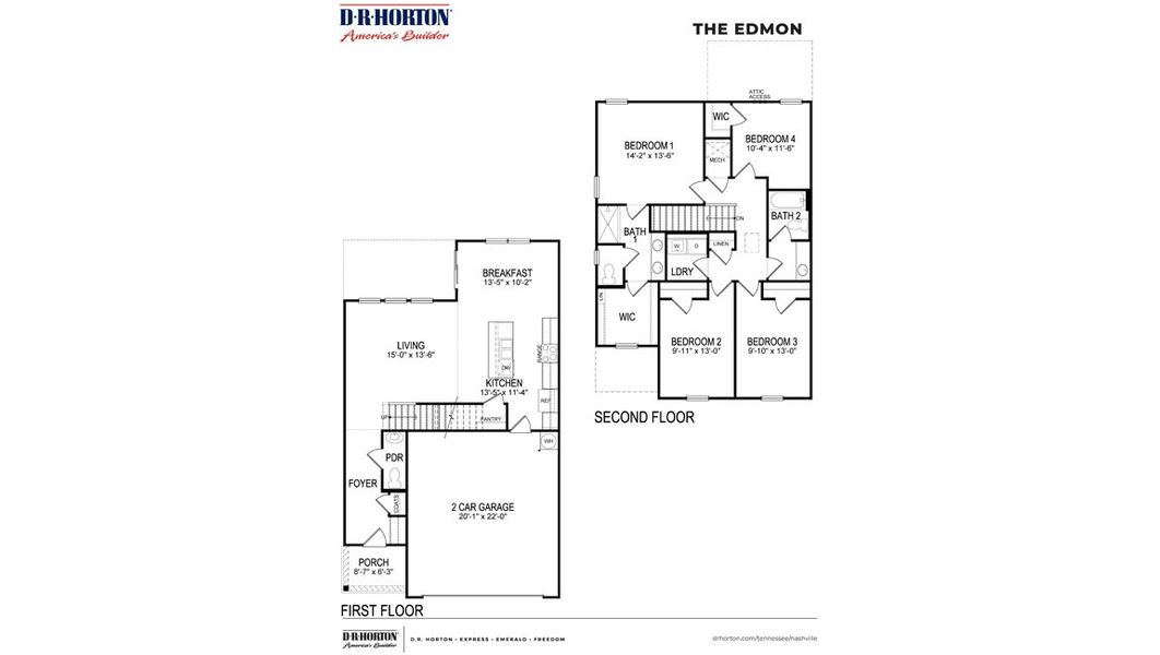2D floor plan layout for the EDMON by D.R. Horton in The Parks, White House, TN (Image 4).