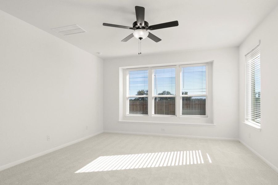 Empty room with carpet flooring, healthy amount of natural light, and ceiling fan