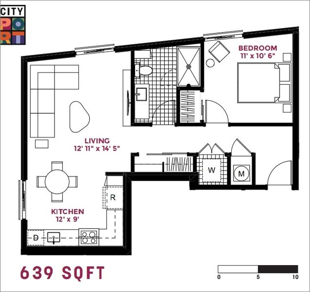 2D floor plan layout for the 1 Bedroom by White Oak Properties in City Port, Durham, NC (Image 2).