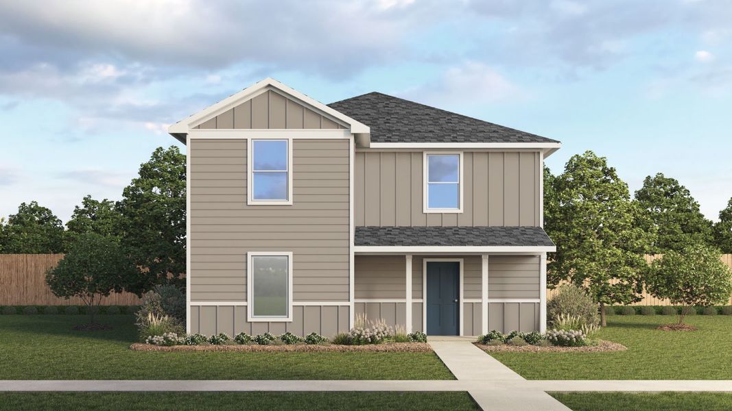 Representative exterior photo of a completed home built from the The Pearl by D.R. Horton in Prairie Lakes, Buda, TX (Image 1). Representative exterior photo of a completed home built from the The Pearl by D.R. Horton in Prairie Lakes, Buda, TX (Image 1).