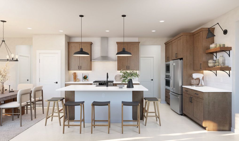 Kitchen with pendant lighting and floating shelves
