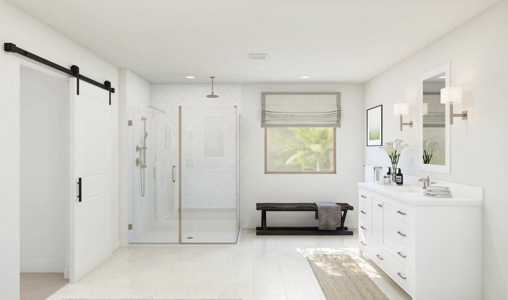 Primary bath with glass shower enclosure