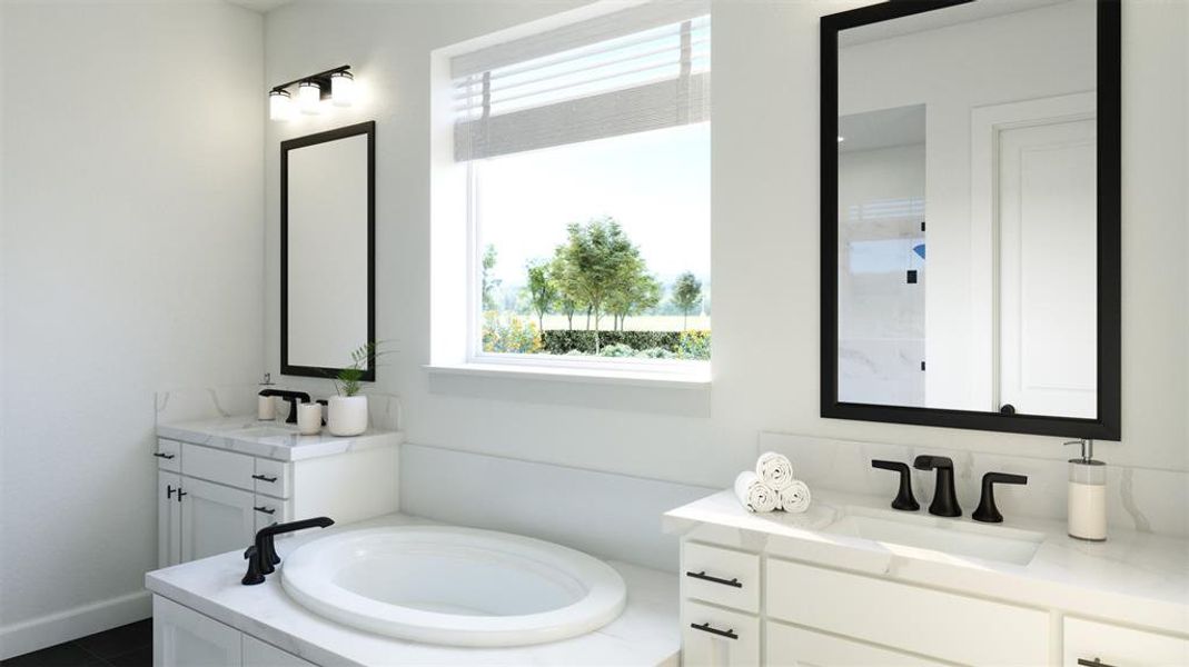 With his and her vanities, there is plenty of room for 2 in this lovely owner's bath.  VIRTUALLY STAGED RENDERING