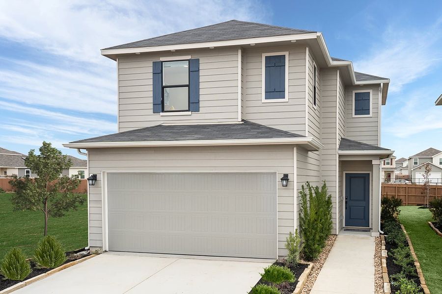Representative exterior photo of a completed home built from the 1389 by KB Home in Medina Crossing - Villa Collection, Von Ormy, TX (Image 11). Representative exterior photo of a completed home built from the 1389 by KB Home in Medina Crossing - Villa Collection, Von Ormy, TX (Image 11).