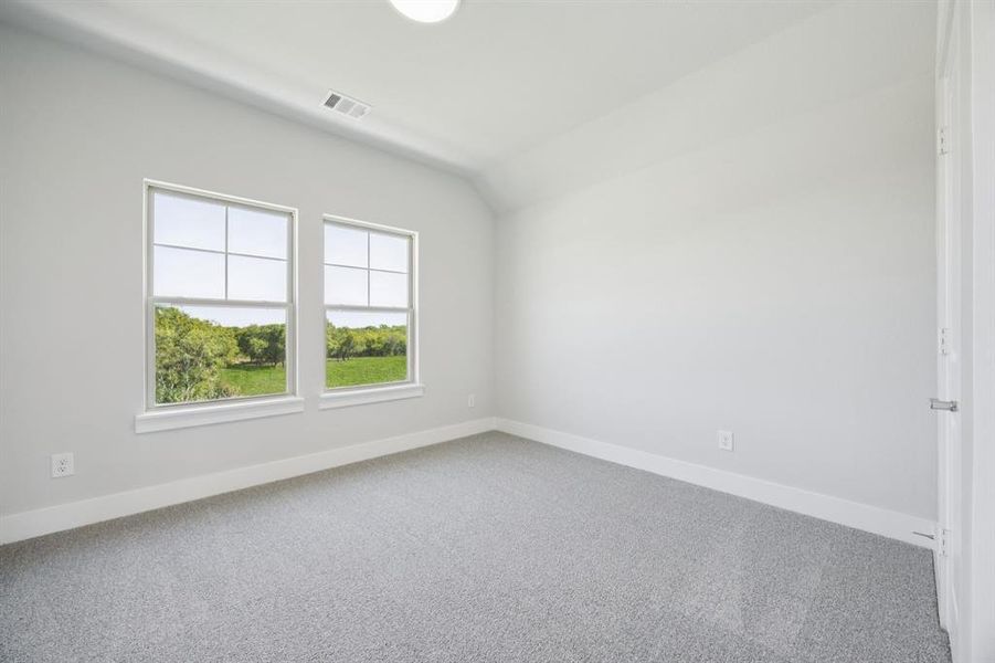 Empty room featuring carpet floors and vaulted ceiling