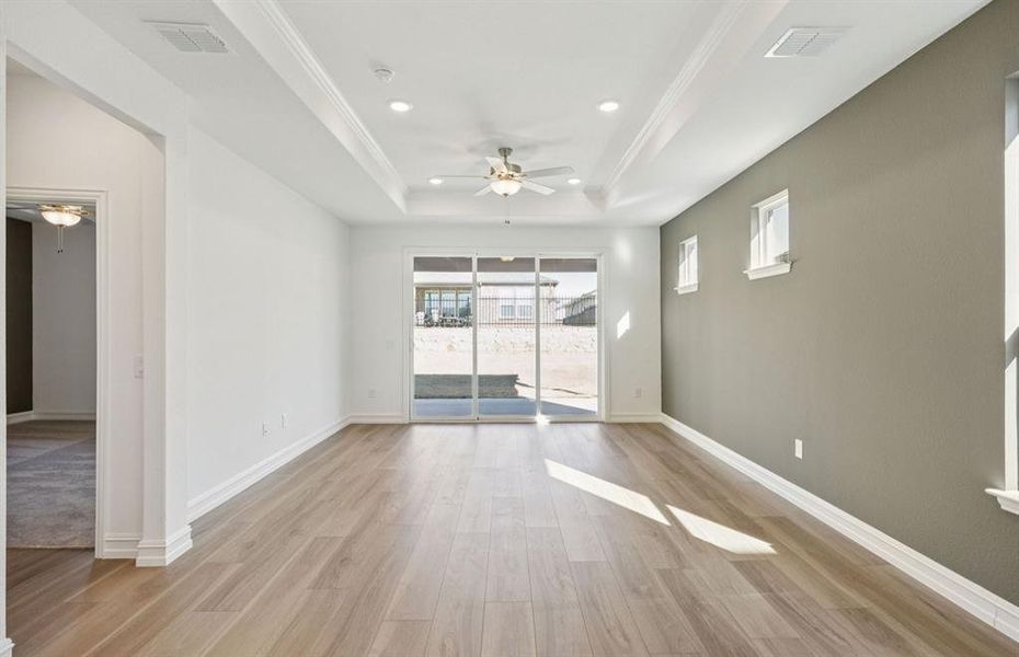 Living area with tray ceiling