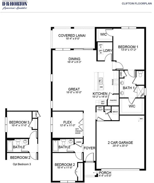 2D floor plan layout for the Clifton by D.R. Horton in Indian River Preserve, Mims, FL (Image 3). 2D floor plan layout for the Clifton by D.R. Horton in Indian River Preserve, Mims, FL (Image 3).