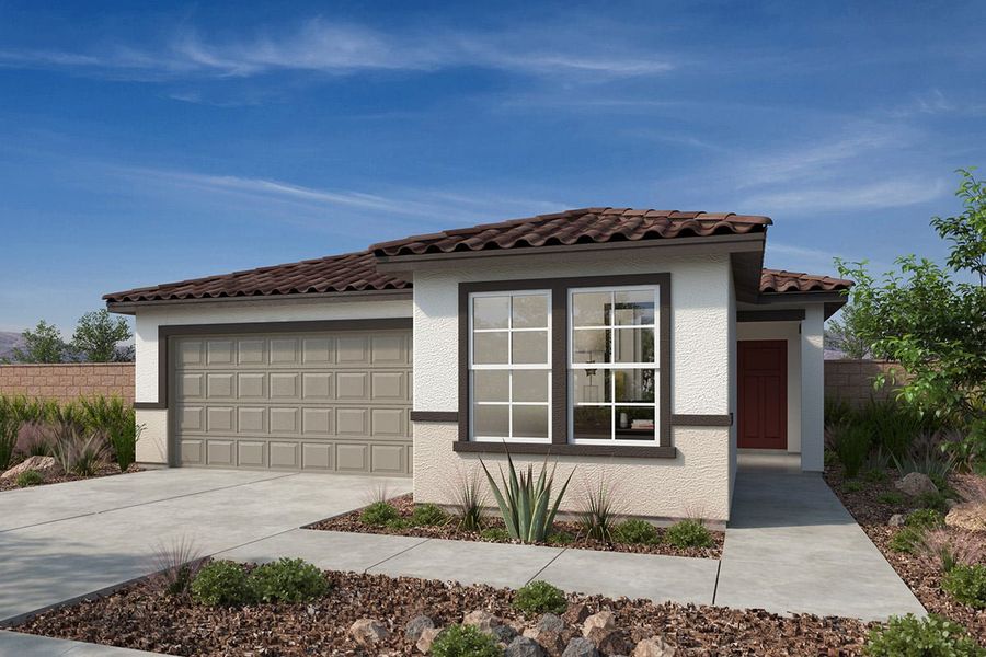 Front exterior of a new home in Bella Camino Traditions, San Tan Valley, AZ, highlighting curb appeal (Image 1).