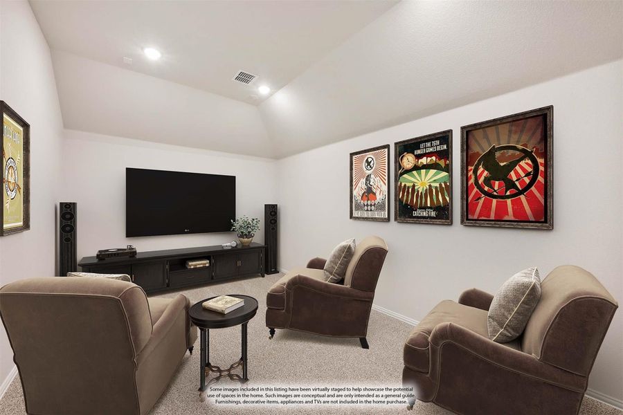 Media room with large wall-mounted TV, surround sound speakers, and three upholstered chairs on carpet Media room with large wall-mounted TV, surround sound speakers, and three upholstered chairs on carpet