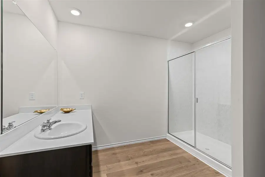 Primary suite bath with a shower stall, vanity, light wood finished floors, and recessed lighting and tons of storage. Primary suite bath with a shower stall, vanity, light wood finished floors, and recessed lighting and tons of storage.