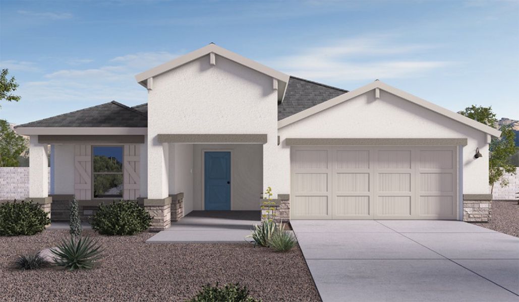 Front exterior of a new home in Barnett Village, Marana, AZ, highlighting curb appeal (Image 1).
