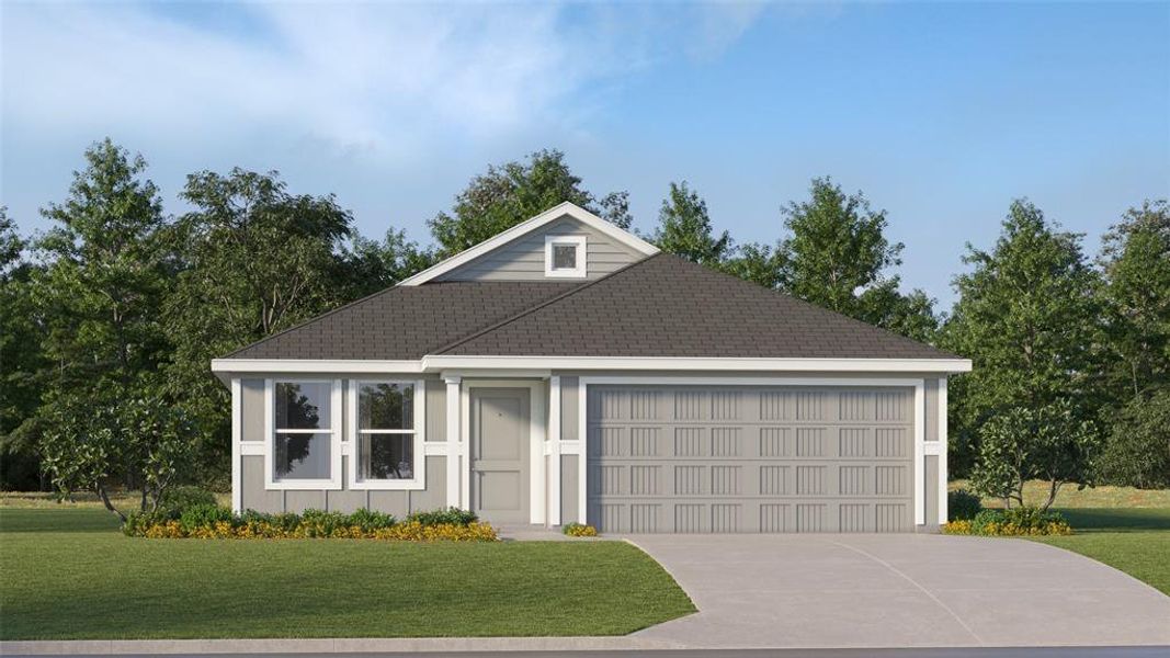 View of front of home featuring concrete driveway, a front lawn, roof with shingles, and an attached garage