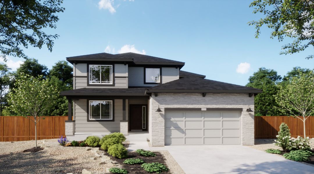 Representative exterior photo of a completed home built from the 4007 by Risewell Homes in Mead Crossing, Mead, CO (Image 3). Representative exterior photo of a completed home built from the 4007 by Risewell Homes in Mead Crossing, Mead, CO (Image 3).