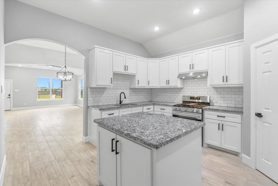 The layout is anchored by a premium stainless steel gas range and a central island, providing ample workspace and easy access to your dining area and living room. Plus a large corner pantry!