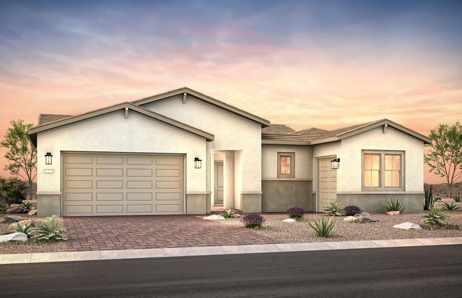 Front exterior of a new home in Sun City Anthem at Merrill Ranch, Florence, AZ, highlighting curb appeal (Image 1). Front exterior of a new home in Sun City Anthem at Merrill Ranch, Florence, AZ, highlighting curb appeal (Image 1).