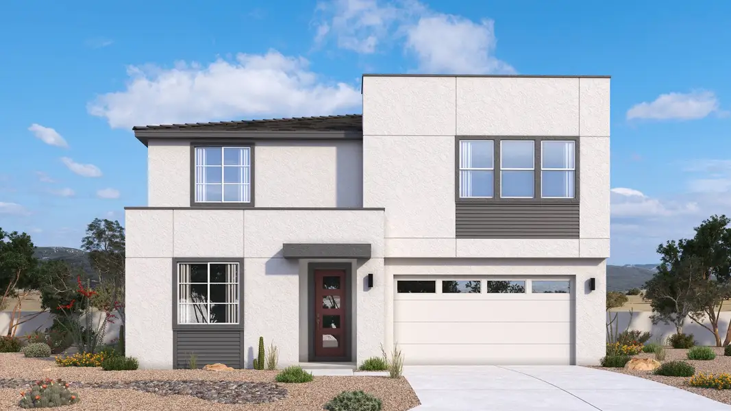 Modern Powell home exterior with strong lines, balanced proportions and clean architectural details by DRB Homes in Arizona.