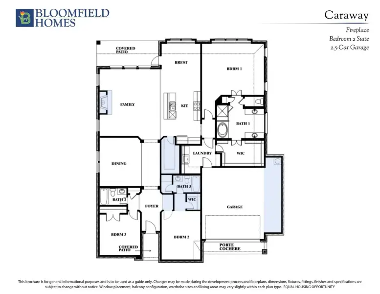 Bloomfield Homes Caraway floor plan with three bedrooms, three bathrooms, family room, kitchen, and 2.5-car garage.