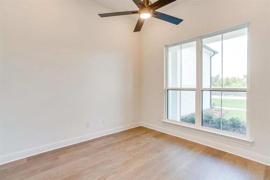 Unfurnished room with ceiling fan and light hardwood / wood-style flooring