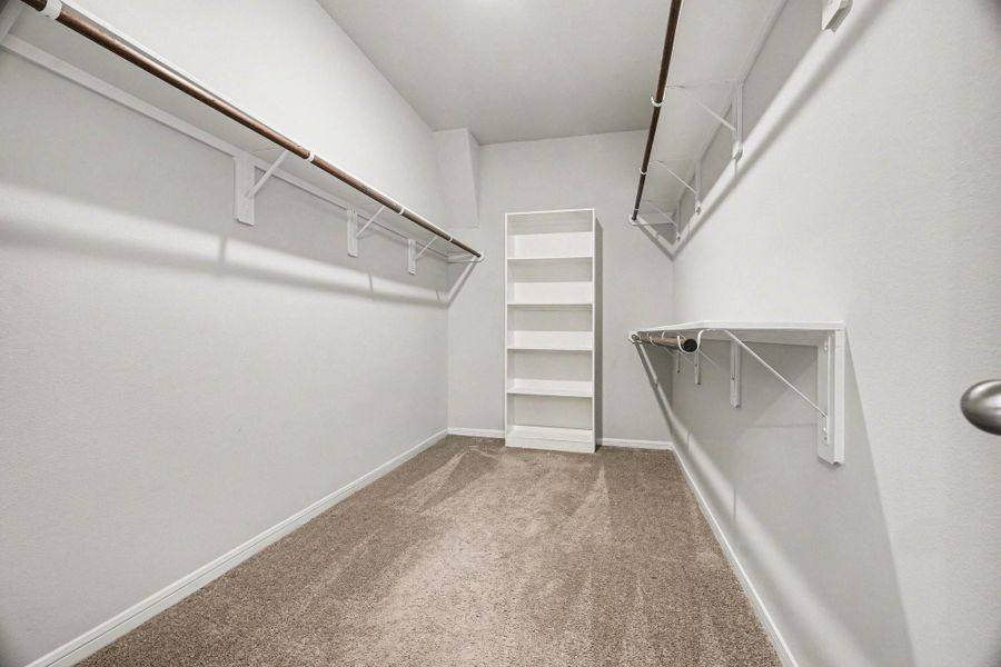 Large walk-in closet with built-in shelving and hanging space. Large walk-in closet with built-in shelving and hanging space.