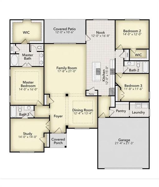 2D floor plan layout of this home in The Fields of Walnut Creek, Pendergrass, GA (Image 4).