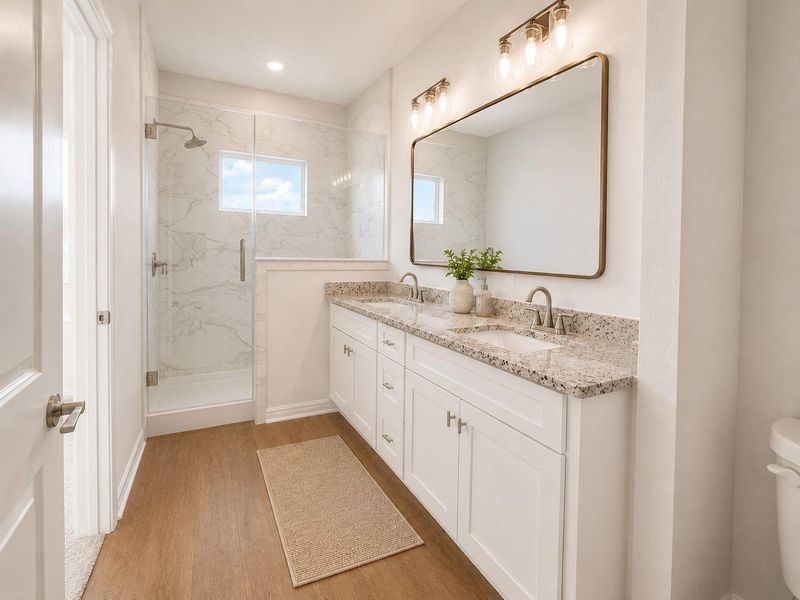 Primary Bathroom. Virtual staging for reference to showcase the floor plan potential.