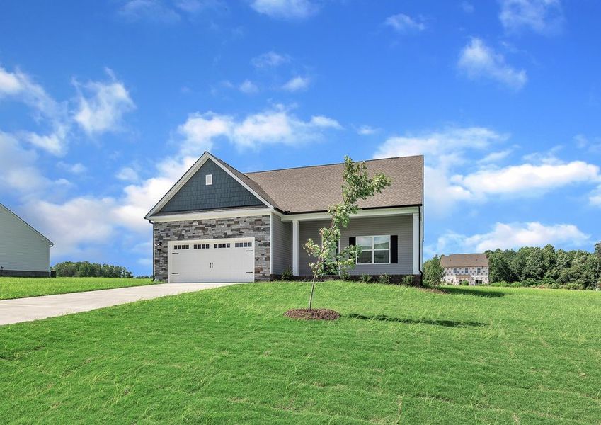 Angled-view of the Clayton with a 2-car garage.