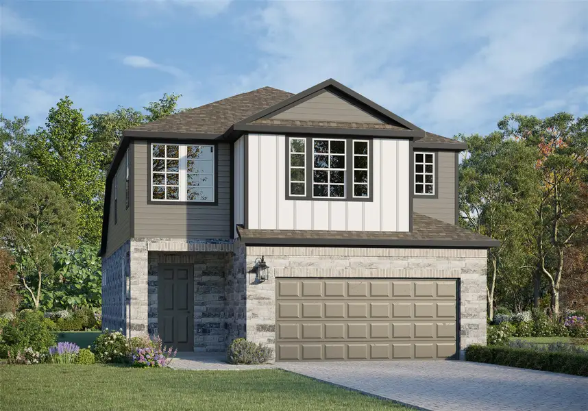 A striking two-story home with a prominent gabled roofline and stone and siding facade. A striking two-story home with a prominent gabled roofline and stone and siding facade.