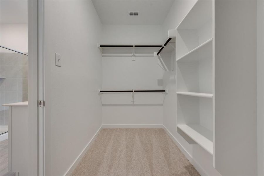 Spacious closet with light colored carpet