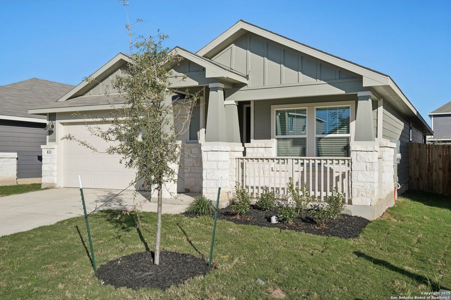 Front exterior of a new home in Estancia Ranch - Premier Series, San Antonio, TX, highlighting curb appeal (Image 2). Front exterior of a new home in Estancia Ranch - Premier Series, San Antonio, TX, highlighting curb appeal (Image 2).