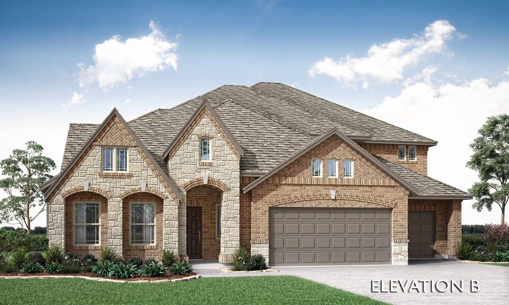 Two-story home with brick and stone exterior, two-car garage, and arched entry, Elevation B rendering. Two-story home with brick and stone exterior, two-car garage, and arched entry, Elevation B rendering.