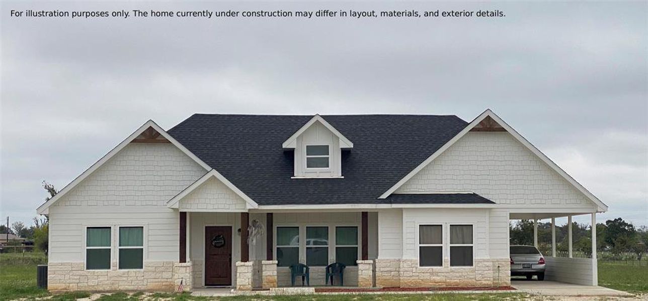 Craftsman inspired home featuring stone siding, covered porch, and roof with shingles