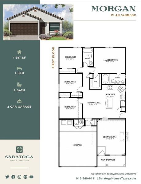 Discover the Morgan plan, offering 1,397 square feet of thoughtfully designed living space. This charming home features 4 bedrooms, 2 bathrooms, and a spacious 2-car garage. The open layout includes a master suite, a modern kitchen, and a cozy living room, perfect for comfortable family living.