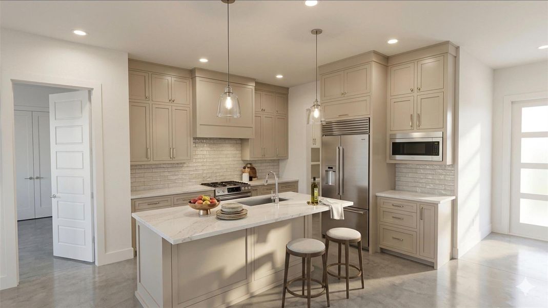 Virtual rendering of the kitchen design. This open-concept space will feature modern cabinetry, spacious countertops, and a large island perfect for entertaining once construction is complete