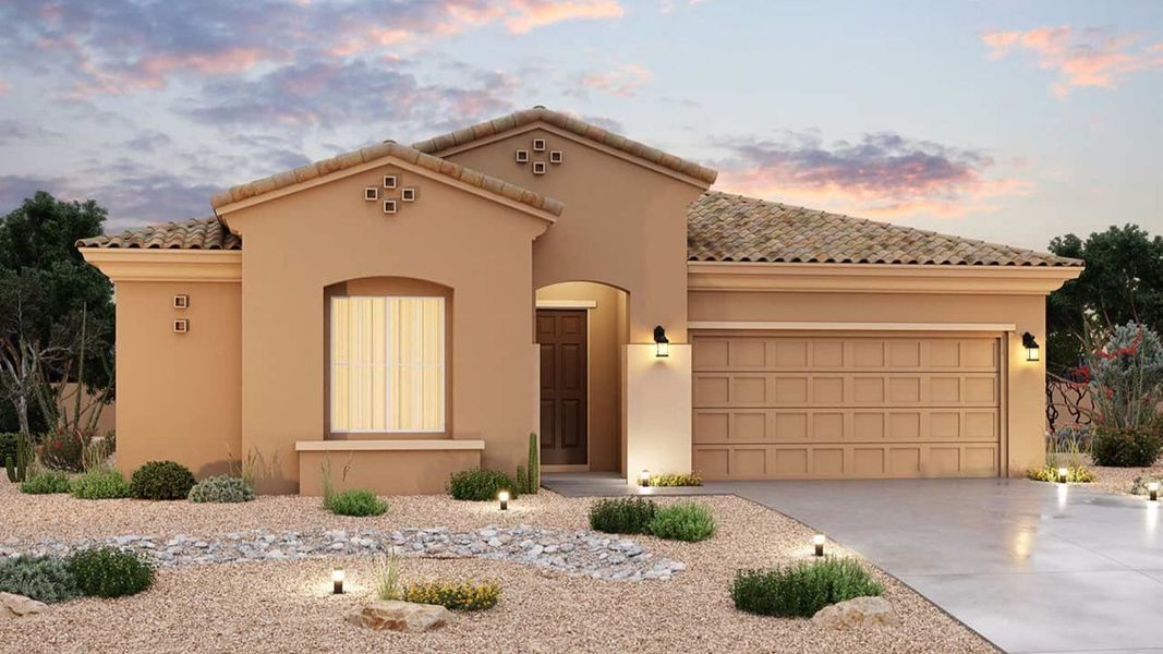 Representative exterior photo of a completed home built from the Jade by Brightland Homes in Mirada Crossing, Goodyear, AZ (Image 1). Representative exterior photo of a completed home built from the Jade by Brightland Homes in Mirada Crossing, Goodyear, AZ (Image 1).