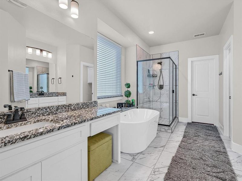 Bathroom featuring vanity and shower with separate bathtub Bathroom featuring vanity and shower with separate bathtub