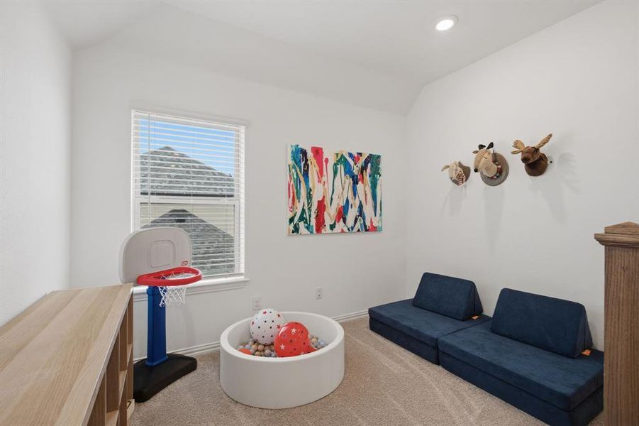 Flexible upstairs space ideal for a playroom, game room, media area, or study zone. This layout gives buyers the extra living space new construction shoppers are looking for.