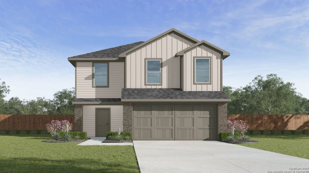 Front exterior of a new home in Spring Valley, New Braunfels, TX, highlighting curb appeal (Image 1). Front exterior of a new home in Spring Valley, New Braunfels, TX, highlighting curb appeal (Image 1).